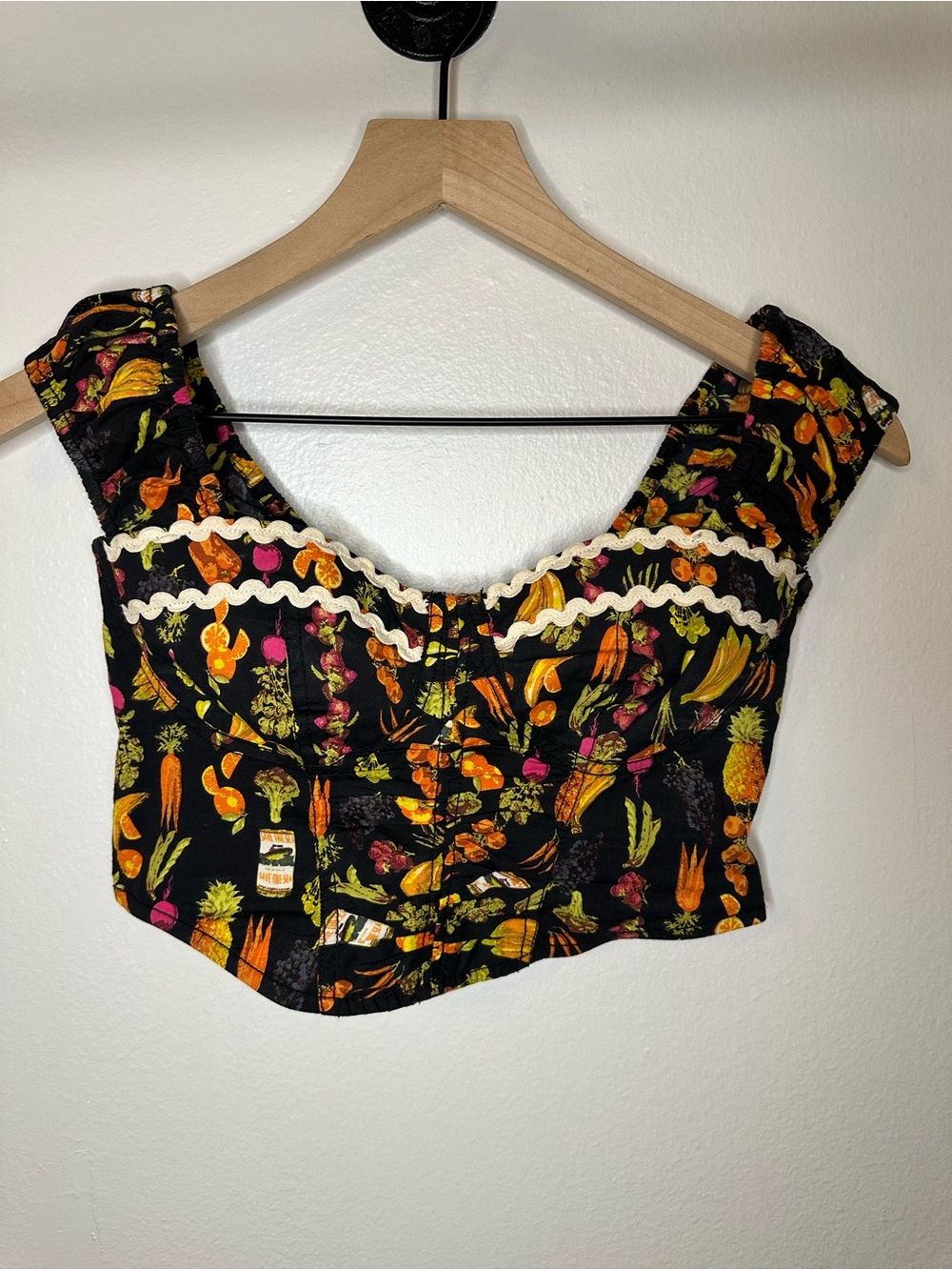 Urban Outfitters Black Cropped Fruit & Veg Print Top with White Trim